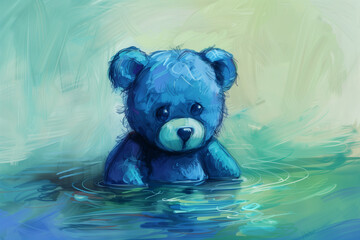Sad blue teddy bear sitting in water, emotional green and blue backdrop - obrazy, fototapety, plakaty