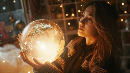 cosmic background frames a woman holding a planet in an astrology concept symbolizing universal...