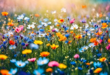 Spring abstract background of fresh colorful meadow flowers in the air. On clear blue sky, plant nature concept. Flower explosion-