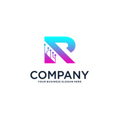 letter r logo design with technology