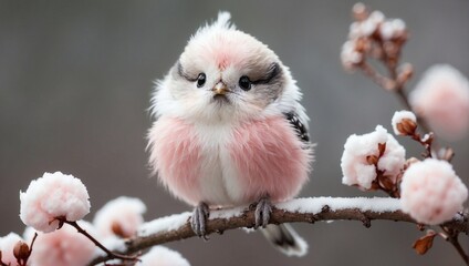 "Behold the Adorable Fluffy Long-Tailed Tit, a Delightful Fusion of Soft Cotton Candy and Feathered Charm, Resting on Snow-Dusted Branches with Endearing Eyes"





