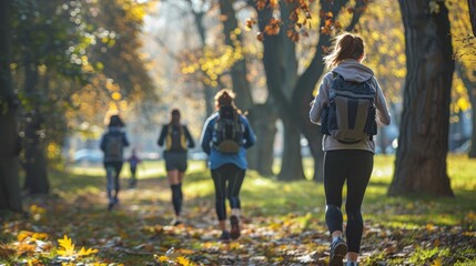 Obraz premium People rucking in the park, running with backpacks on their back