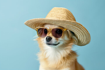 Small dog styled with a summer hat and sunglasses