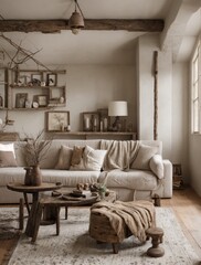 Welcoming rustic living room with neutral tones and natural textures 