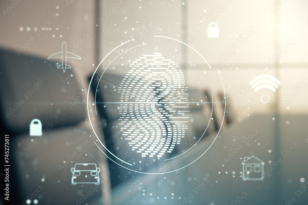 Poster multi exposure of virtual fingerprint scan interface on a modern furnished office interior backgroun