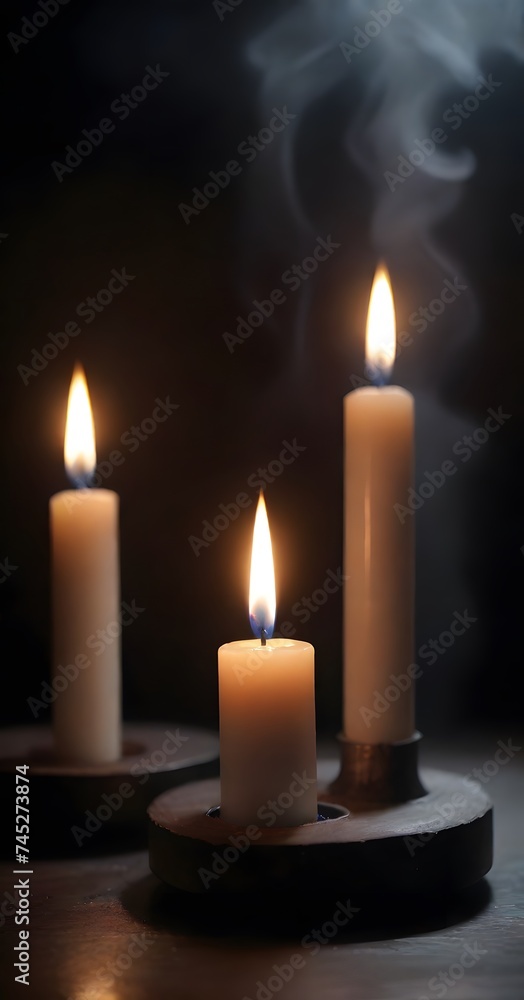 Poster a tranquil array of candles burn with a gentle glow, their flames flickering softly in a serene and 