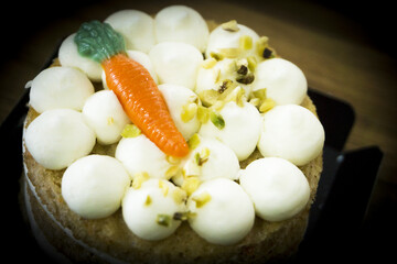 Carrot cake on wooden table