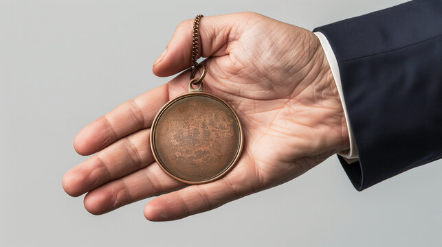 Image of hand holding award medal, white background, Ai Generated Image