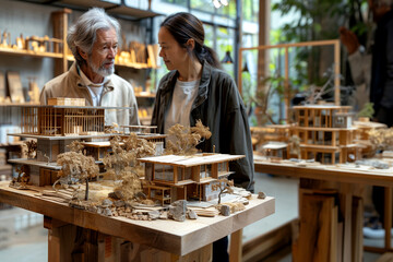 Model of a house for future construction. A family is discussing planning to build a future home. Concept of design, architecture, mortgage.