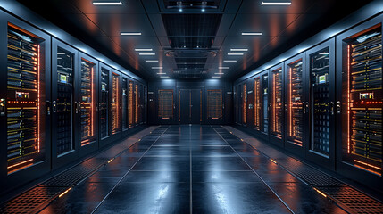 Fantastic view of the mainframe in the rows of the data center. Data processing center. The concept of modern technologies, network devices. - obrazy, fototapety, plakaty