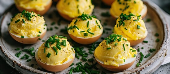 A plate of deviled eggs topped with fresh chives, presenting a delicious and visually appealing appetizer option. The eggs are filled with a creamy and flavorful mixture and garnished with finely - obrazy, fototapety, plakaty
