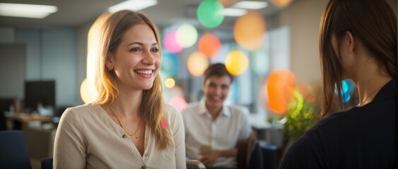 Woman surrounded by vibrant bokeh lights engages in an office conversation  - obrazy, fototapety, plakaty