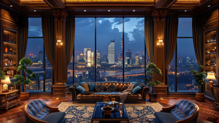 Fototapeta premium Luxurious new house with normalized windows and a gorgeous view. House in modern extravagant style. The concept of travel, designer work, and repairs.