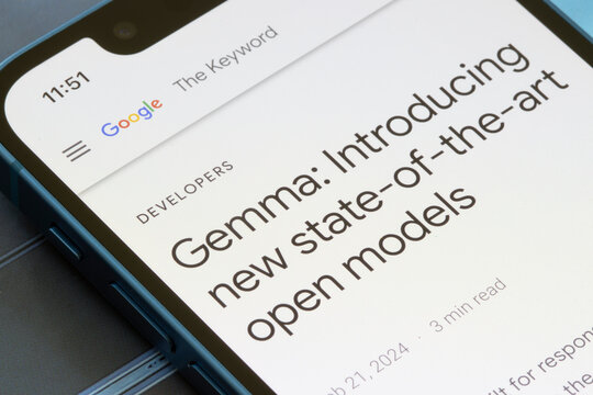 Portland, OR, USA - Feb 24, 2024: Introduction to Gemma, Google's family of lightweight, open-source large language models (LLMs), is seen on Google's website on a smartphone.