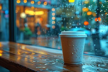 A coffee cup perched on a wet windowsill against a city background, evoking a cozy ambiance and the comfort of warm drinks on cold days