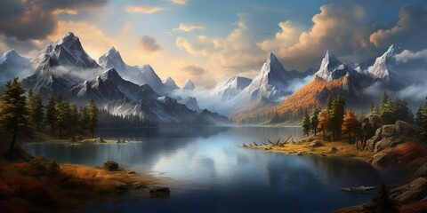 A mountain and a lake landscape background. - obrazy, fototapety, plakaty