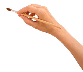 hand holding smal brush on transparent, png. Female hand holding paint brush isolated