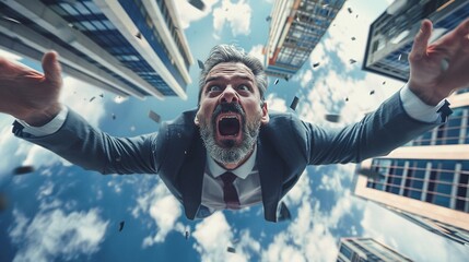 adrenaline rush visible on the face of an excited businessman in closeup as he descends rapidly from the sky - obrazy, fototapety, plakaty