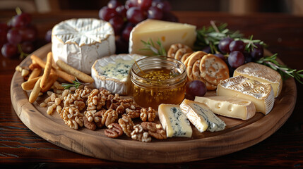 Obraz na płótnie Canvas Cheese plate with different types of chees, grape, nuts and bread, steel life on a wooden board