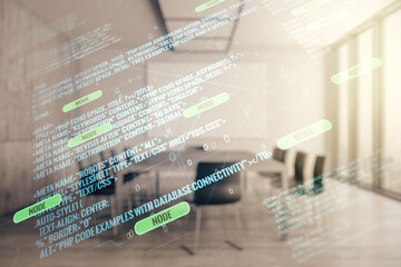 Abstract virtual coding illustration on a modern coworking room background, software development...