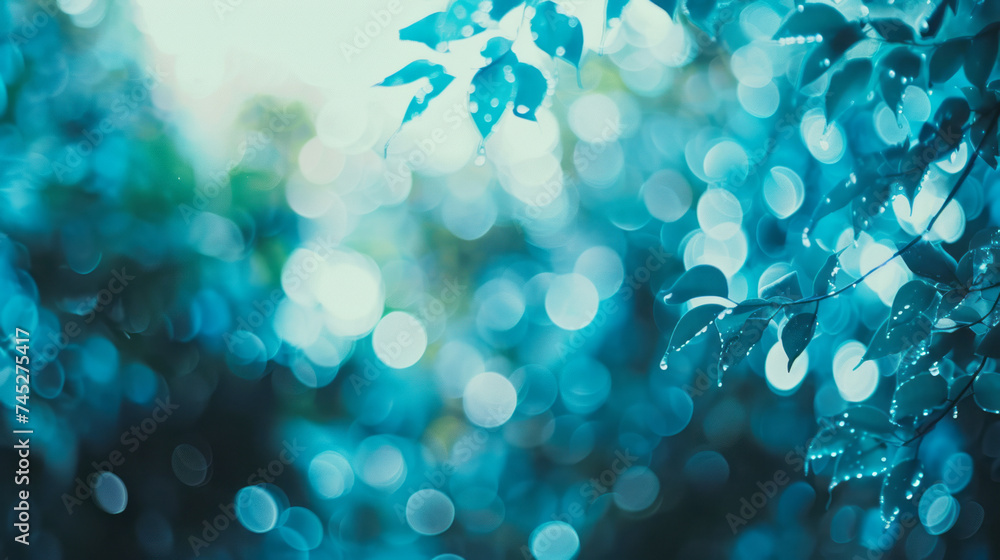 Poster abstract background with bokeh defocused lights and tree branches. soft ethereal blue bokeh, blurred