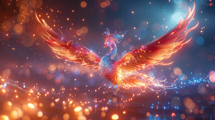 Magical fairy-tale rainbow shining phoenix bird in flight