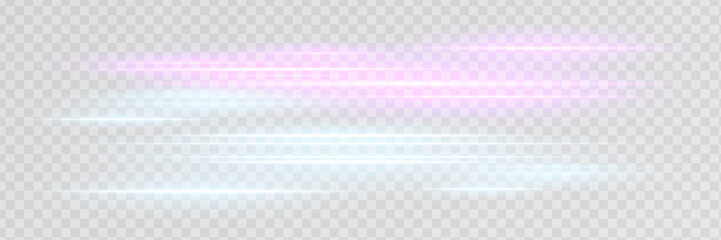 White horizontal lens flares pack. Laser beams, horizontal light rays. Luminous abstract sparkling lined background.
