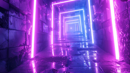 Futuristic neon-lit tunnel with a wet floor reflecting vibrant pink and blue lights, evoking a...