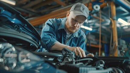 professional car technician in uniform conducting a detailed engine inspection in a stateoftheart clean workshop