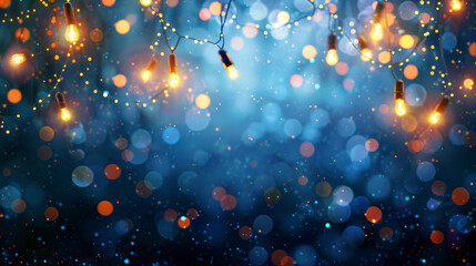 Fototapeta na wymiar Festive Christmas lights twinkling amidst a dreamy blue bokeh background.