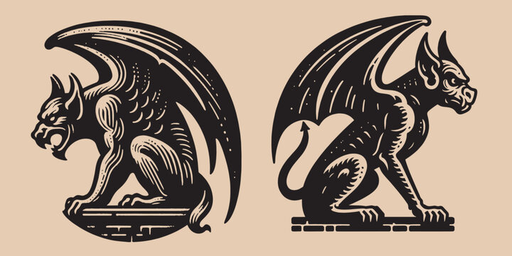 Gargoyle demon set. Vintage engraving black and white vector illustration. Logo, emblem, woodcut. isolated object	