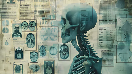 Vintage medical collage background with isolated human skeleton