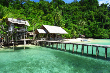 Fototapeta na wymiar Jetty and rest bungalow in Kali Lemon, Central Papua, Indonesia