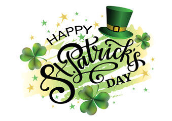 Happy Saint Patricks day abstract green gold banner with lettering, clover leaves and green hat.