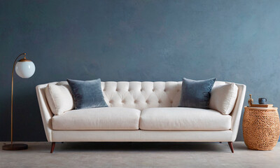 Obrazy na Plexi  A chic, light-colored sofa offers a tranquil retreat against a minimalist gray backdrop, accented by contrasting cushions and elegant decor elements, embodying modern sophistication.