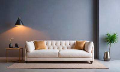 A chic, light-colored sofa offers a tranquil retreat against a minimalist gray backdrop, accented by contrasting cushions and elegant decor elements, embodying modern sophistication. - obrazy, fototapety, plakaty