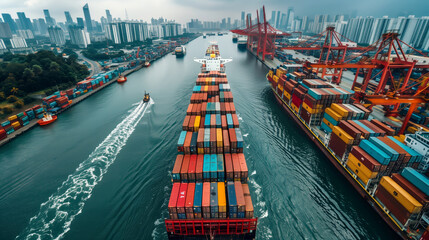 Aerial top view container cargo ship in import export business commercial trade logistic and transportation of international by container cargo ship in the open sea, Container cargo freight shipping. - obrazy, fototapety, plakaty