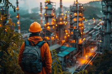 An engineer stands before a bustling, lit-up industrial plant, representing industry and progress, with a focus on energy and technology