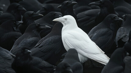 White crow in flock of black ones - concept of individuality, being different - obrazy, fototapety, plakaty