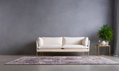 A chic, light-colored sofa offers a tranquil retreat against a minimalist gray backdrop, accented by contrasting cushions and elegant decor elements, embodying modern sophistication. - obrazy, fototapety, plakaty