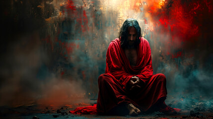 Jesus in prayer over a dark background - obrazy, fototapety, plakaty