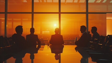 team of professionals in silhouette discussing corporate tactics at a boardroom desk during a strategy meeting