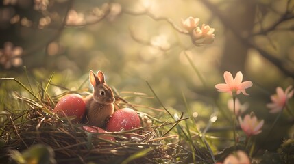 Obraz premium e bunny is sitting under the tree and saying easter greeting
