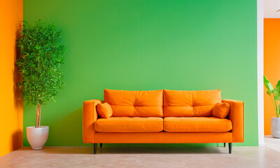 A striking modern orange sofa stands against a lush green wall, embodying bold style and comfort in a contemporary living space.