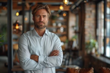 Fototapeta premium Well-groomed businessman with arms crossed looking confidently in a well-lit office setting