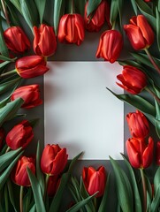 Beautiful fresh tulip flowers laying on the table with empty space in the center. Flower mockup 
