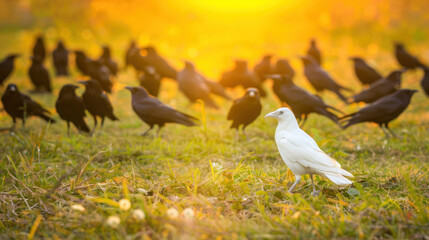 Fototapeta premium Unique white crow amidst black ones - concept of being different