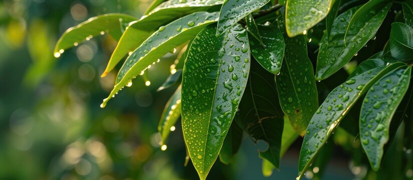 The image shows vibrant green mango leaves covered in sparkling water droplets after a refreshing morning rain shower. The leaves glisten under the sunlight, showcasing the beauty of natures intricate