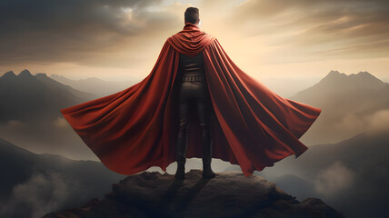 person wearing a red cape above the clouds - obrazy, fototapety, plakaty