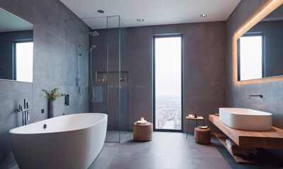 Fototapeta na wymiar Discover the epitome of modern luxury in this chic bathroom. Gray tones harmonize with sleek fixtures, offering a tranquil retreat with a touch of urban sophistication.